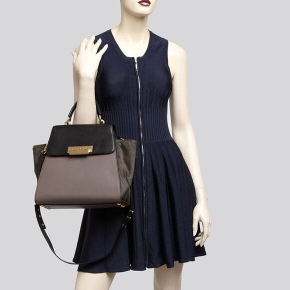 Zac Posen Eartha Bag Colorblock Leather Satchel Top Handle Black Grey - Picture 1 of 16